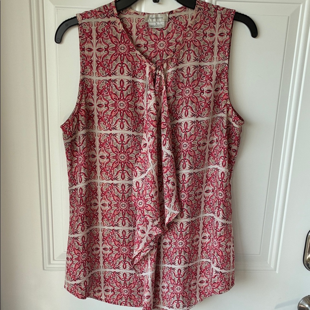 Van Heusen Red Floral Tile Print Tie-Neck Sleeveless Blouse